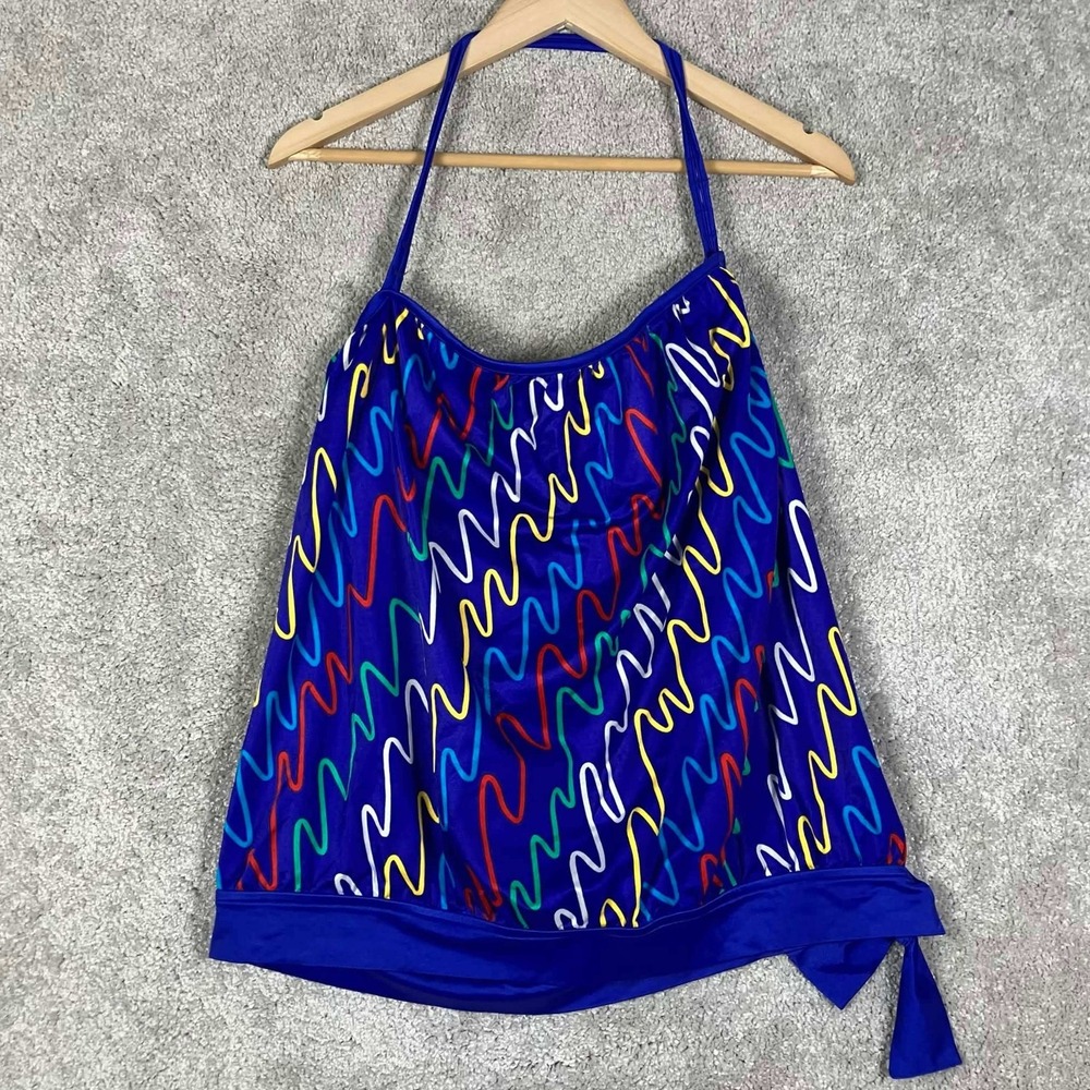 Vintage 80s Rose Marie Reid Abstract Squiggle Tankini Swim Top Blue Size 12